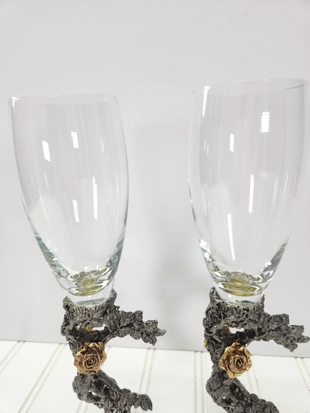Vintage Fellowship Foundry Kevin O'Hare Pewter & Gold Rose Toasting Flutes Set